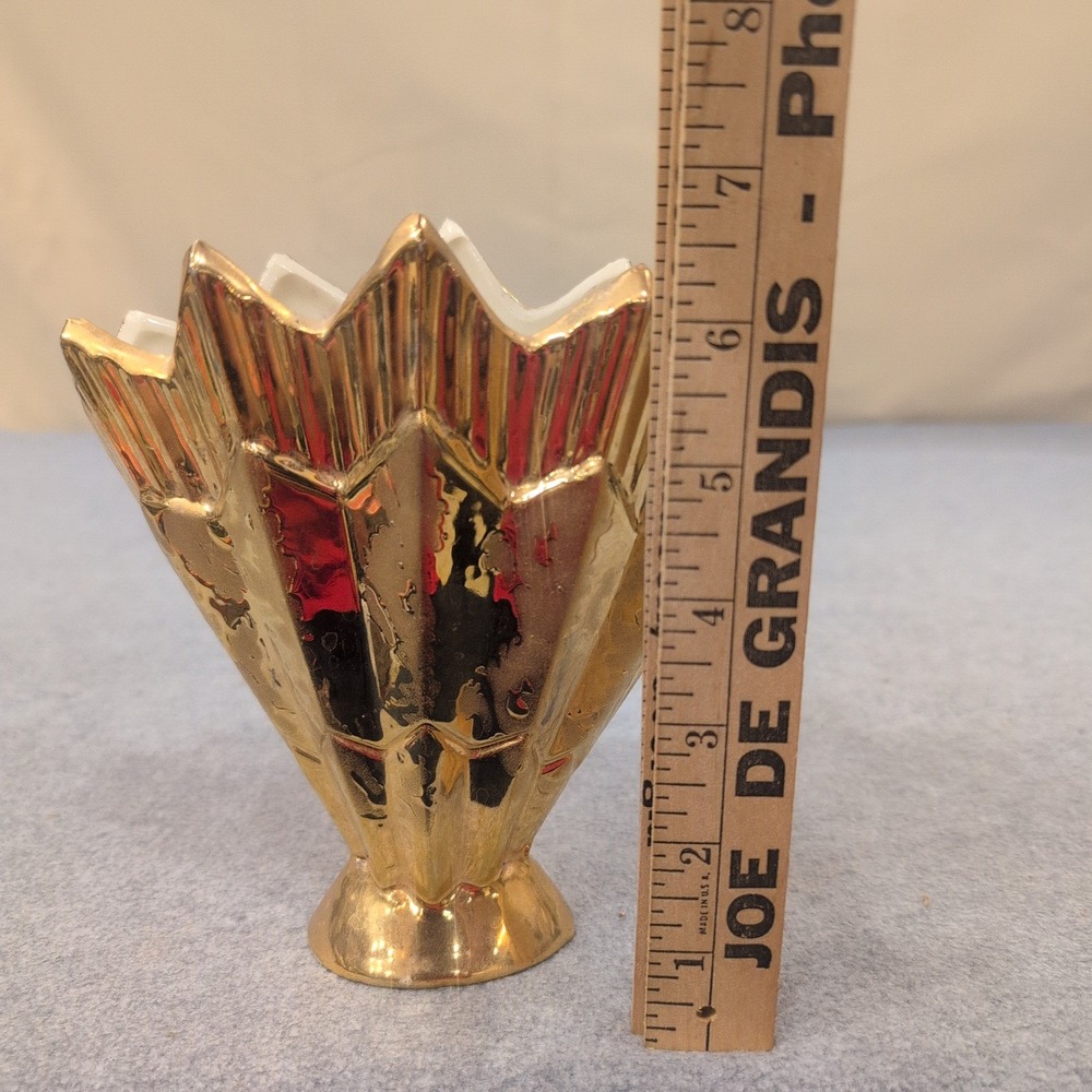 Vintage Art Deco Gold Metallic Ceramic Fan Sunburst Bud Vase - Picture 5 of 6